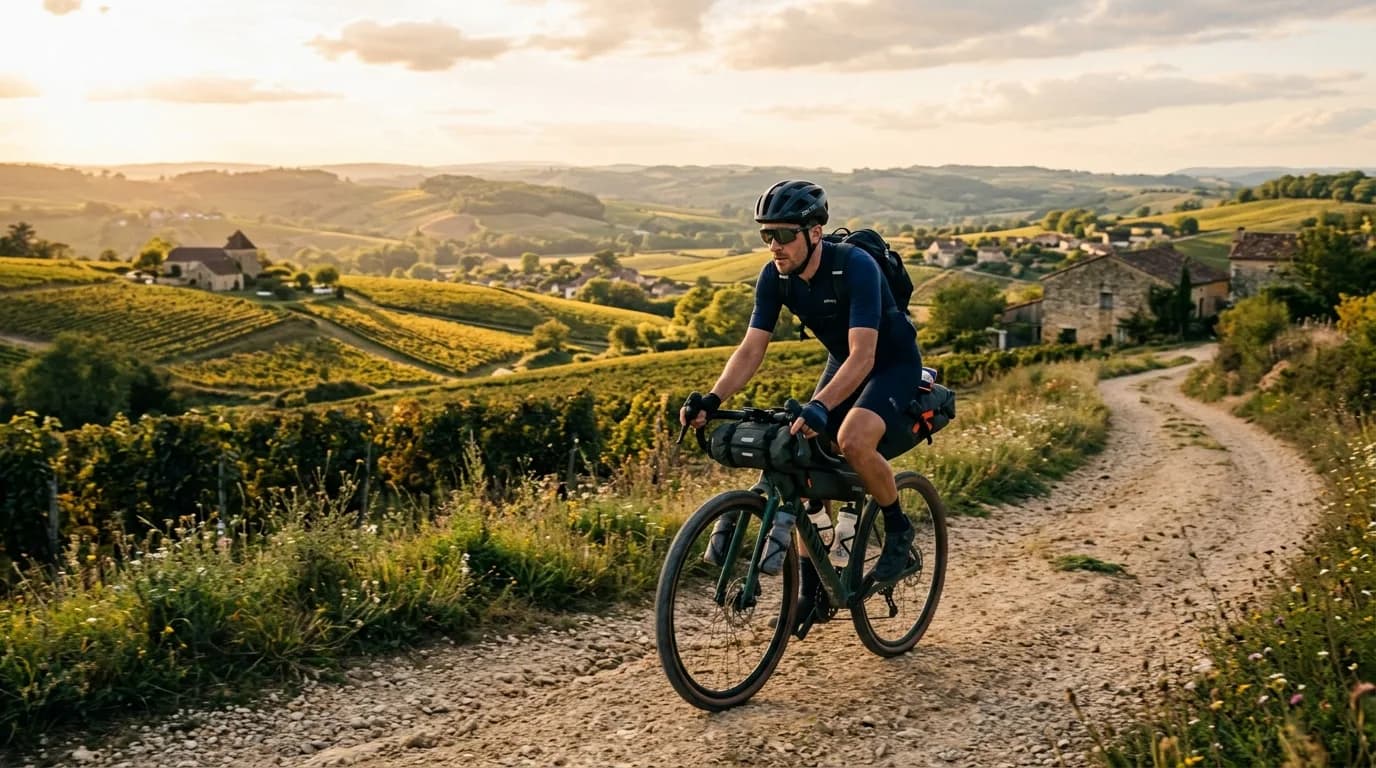 A realistic photo of a cyclist riding a fully loaded gravel bike on a scenic dirt trail in the French countryside, rolling hills and vineyards in the background, golden hour lighting, cinematic and na