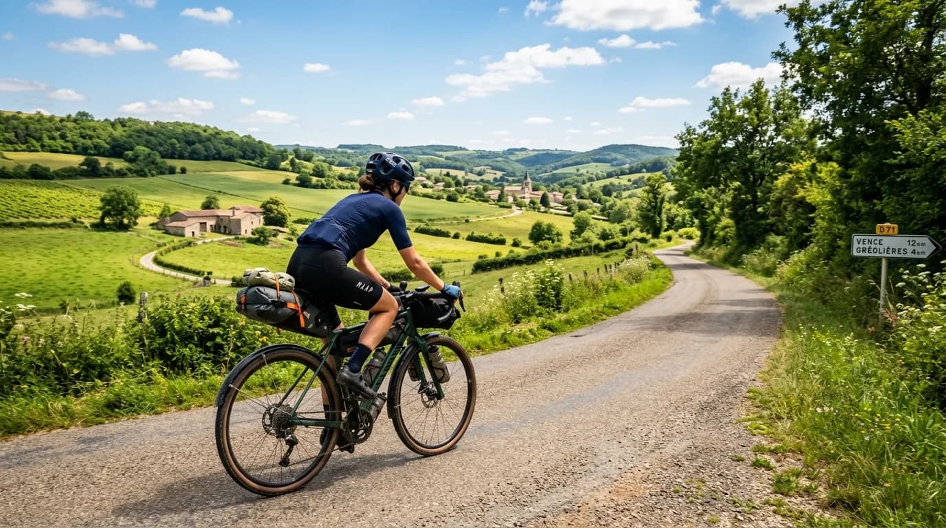 A realistic photo of a cyclist riding a loaded bikepacking gravel bike on a picturesque French country road surrounded by green fields, bright summer day, cinematic lighting.