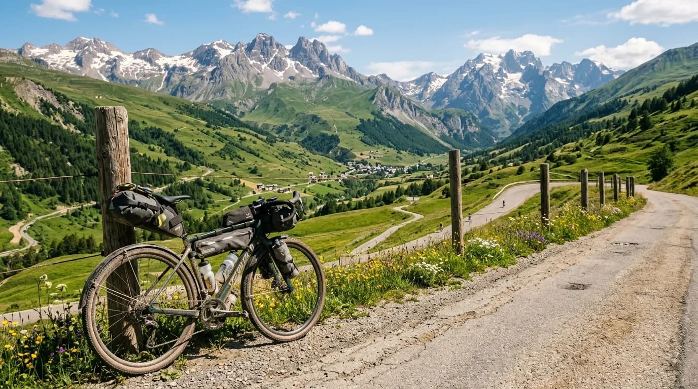 A realistic wide shot of a fully loaded bikepacking gravel bike leaning against a wooden fence on a mountain road, lush green valley in the background, sunny day, French Alps atmosphere, natural light