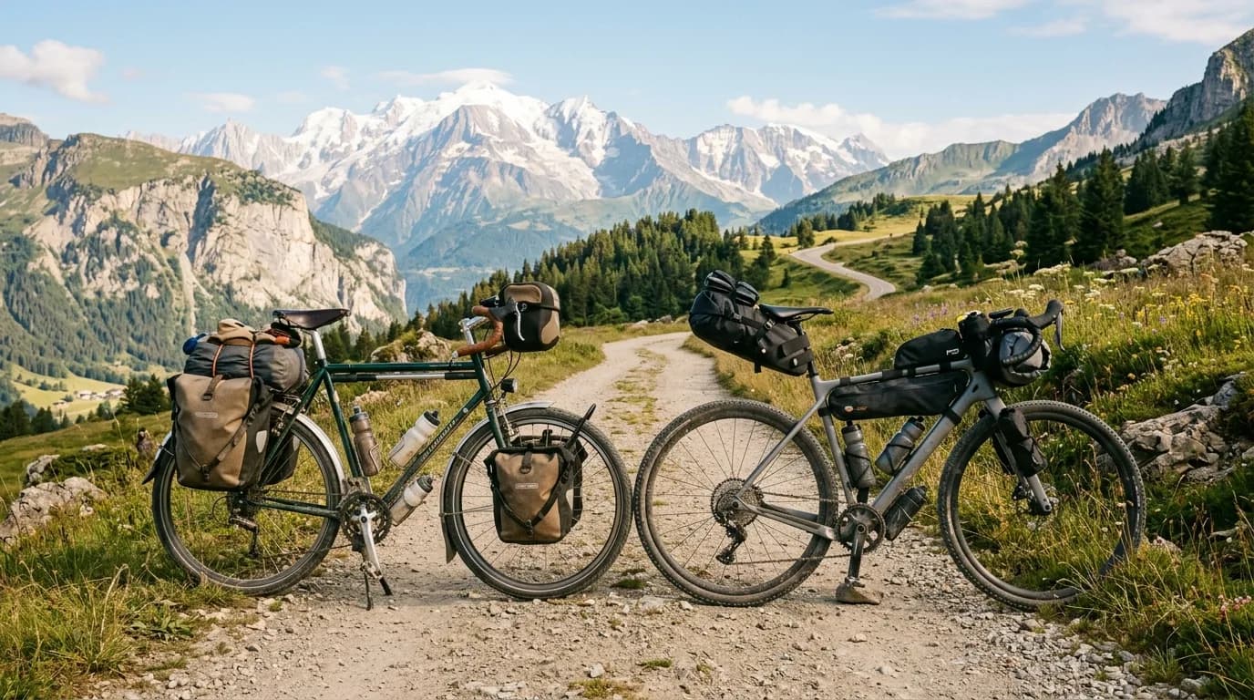 Realistic outdoor photo, a fully loaded touring bicycle with classic panniers standing next to a modern gravel bike with bikepacking bags on a scenic dirt path in the French Alps, warm morning light,