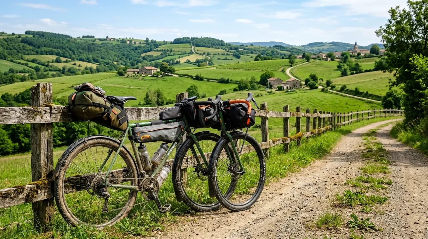 Realistic photography of a fully loaded gravel bikepacking bike resting against a wooden fence on a sunny dirt road in the French countryside. The bike has a saddle bag, frame bag, and handlebar roll.